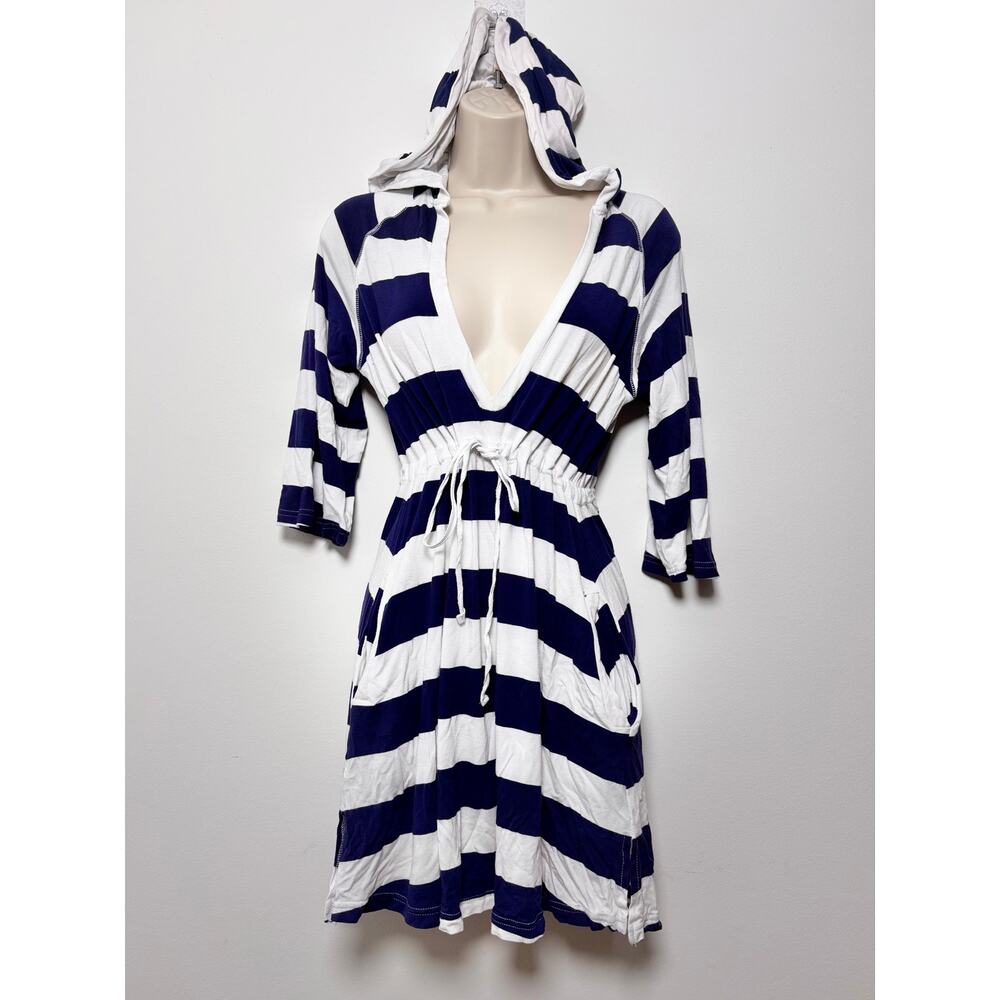 Vtg Y2K Kenneth Cole Navy and White Striped Hooded Ruched Waist Dress